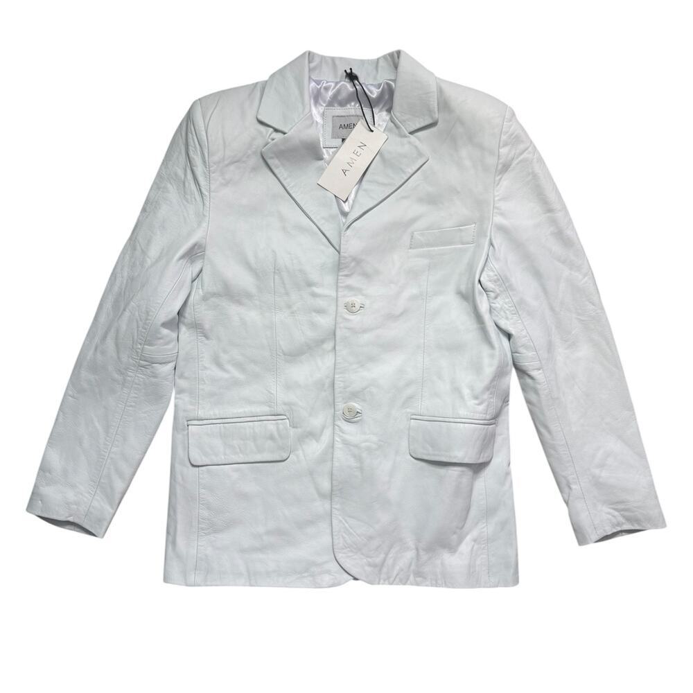 AMEN Collection  White Ice Blue Genuine Sheep Leather Blazer Jacket Women’s sz L